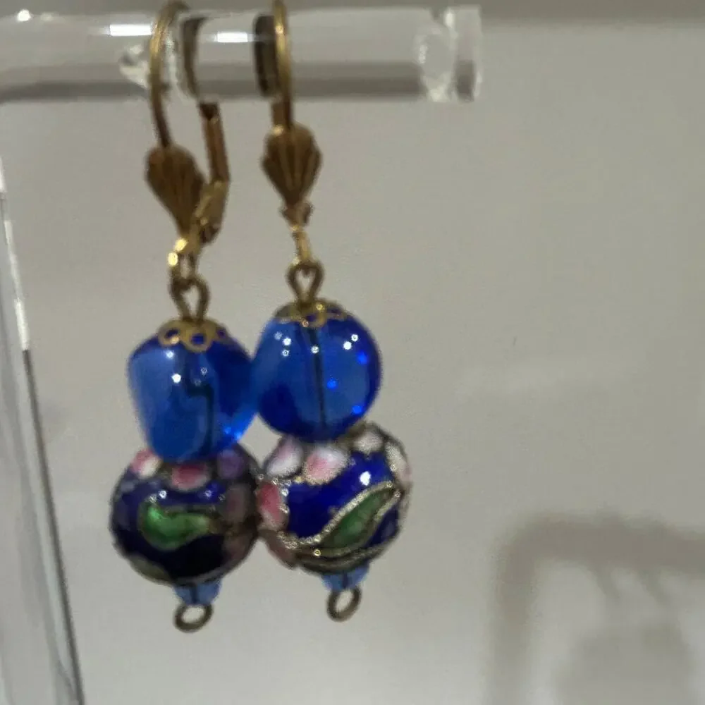 Cloisonne dangle pierced earings blue glass enamal gold deco
